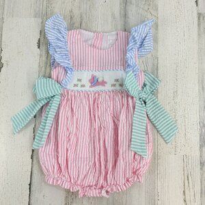 Cecil and Lou Smocked Easter Bunny Girls 9 M Pink Seersucker Bow Bubble Romper